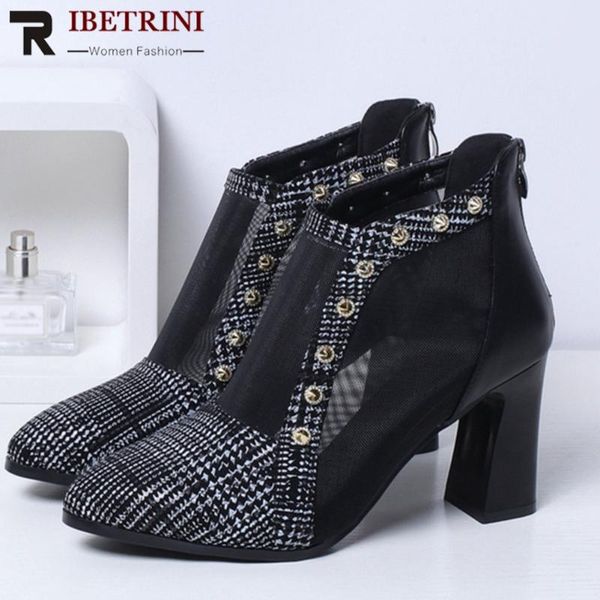 

ribetrini elegant women plaid pointed toe rivet shoes women high heels mesh party casual sandals 2020 sandals, Black