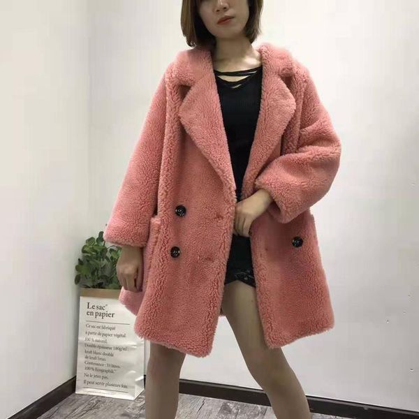 

sheep shearing coat plus size parka fur suede leather lining jacket teddy bear long winter women clothes 2019 korean wool blends, Black