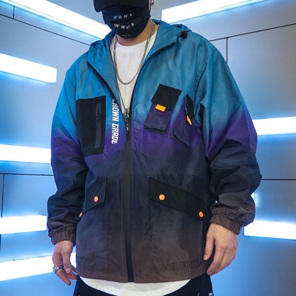 

Januarysnow Men Hip Hop Jacket Windbreaker Streetwear Retro Harajuku Gradient Color Block Jacket Coat 2019 Pocket Zip Track Jacket Hoodie