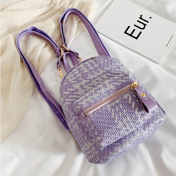 

2020 fashion female straw backpack teenager girls school backpack cute travel zipper