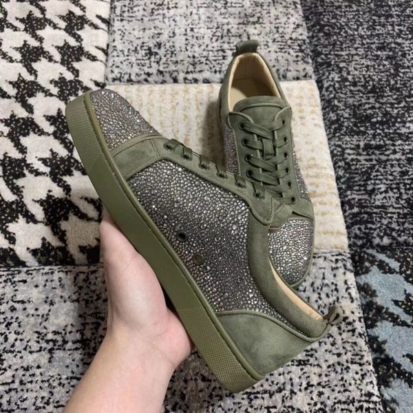 

luxury men's red bottom junior strass sneakers designer brand rhinestone green suede leather & red sole trainer shoes dust bag t01, Black