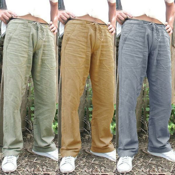 

brand new size men's pants summer mid waist solid cotton and linen trousers long pants solid loose with pocket fashion 2019, Black