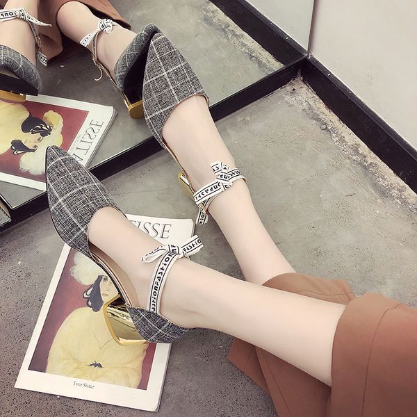 

high heel shoes women's 2019 spring new style hipster semi-high heeled straight-line buckle korean-style fairy shallow mouth poi, Black