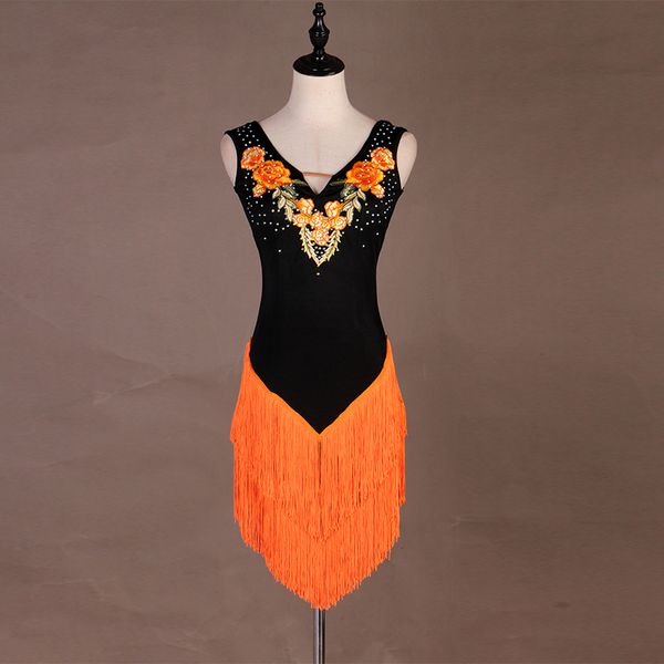 

stage wear tassel fringe latin dance dress lady ballroom tango dresses cha salsa clothes for women practice orange lq043, Black;red