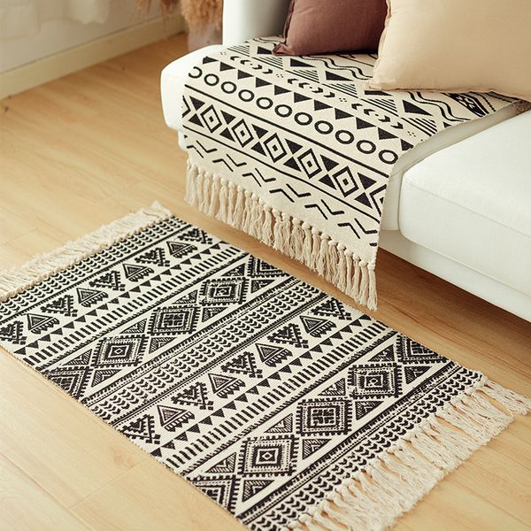 Cotton Rugs Washable Black And White Cotton Area Rug With Tassels