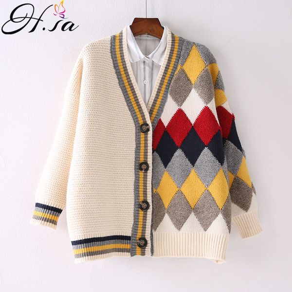 

h.sa women winter sweater coat v neck single breasted argyle knit jackets oversized korean warm thick winter cardigans girl, White
