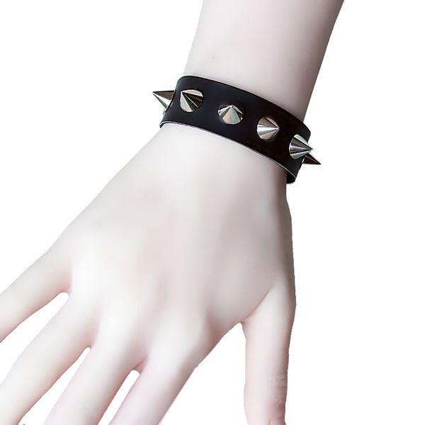 

women girl bracelets punk gothic silver spike rivet cone black pu leather bracelet wristband cuff fashion jewelry, Golden;silver
