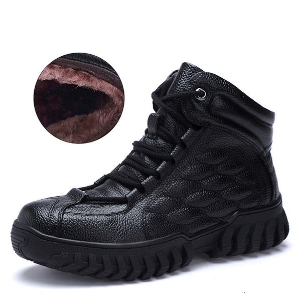 

genuine leather men snow boots round toe men's shoes rubber military boots, Black