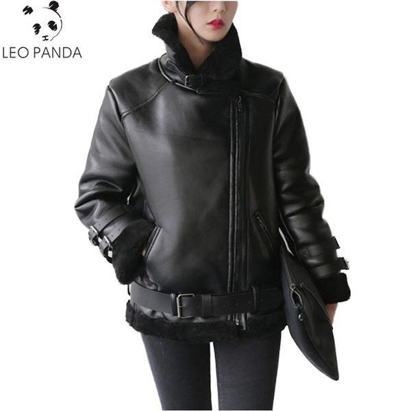 

new fashion spring autumn warm thicken zipper long sleeves turn-down collar pockets loose coat female leather coat cy358, Black