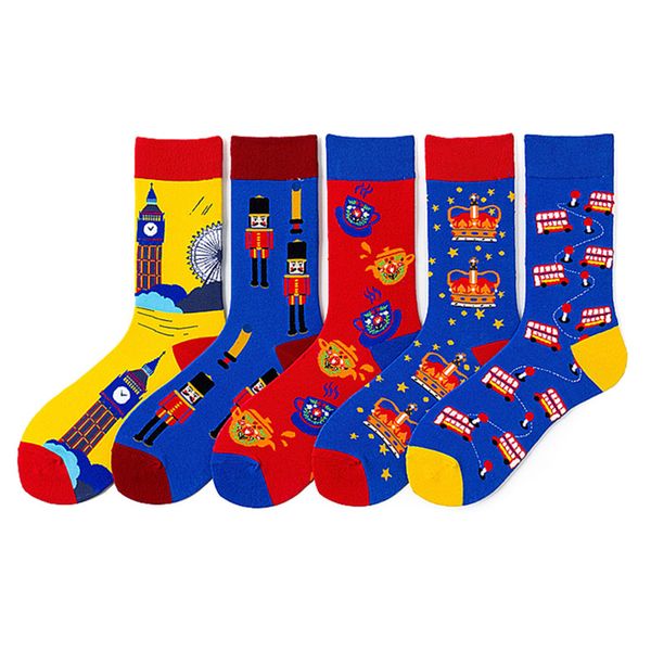 

happy mens socks double-decker bus guard crown big ben ferris wheel teapot funny socks combed cotton calcetines largos hombre, Black