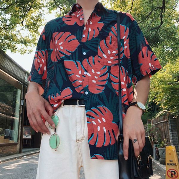 

2019 easy sandy beach printing pattern short sleeve shirts comfortable male summer thin hip hop loose fit shirts, White;black