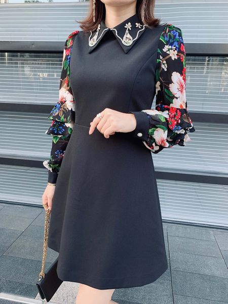 

milan runway dress 2020 spring summer lapel neck long sleeve panelled print designer dress brand same style dress 0303-2, Black