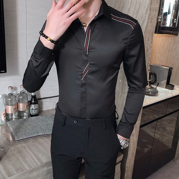 

gzdeerax solid color mens shirts luxury stripe embroidery long sleeve casual man shirts fashion slim fit mens dress, White;black