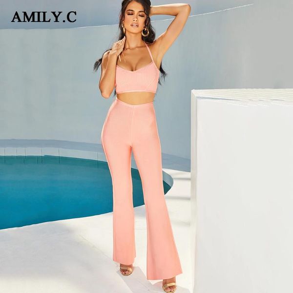 

amily.c women's 2020 summer new halter strap and long pants bodycon bandage 2 piece two piece fashion club party set, White