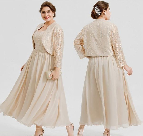 Plus size tornozelo comprimento chiffon mãe da noiva ternos com mangas compridas jaquetas de renda vestido de convidado de casamento