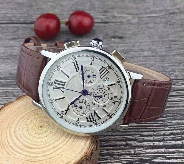 

strap working watch leather mens watches with calendar dials wristwatch men satch brand men luxury for quartz all kcnd, Slivery;brown