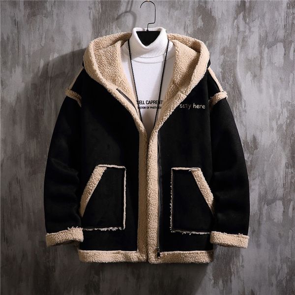 

luxury hoodie jacket men casual hooded fur coat male winter velvet thickening cotton-padded zipper outerwear plus size coat, Black;brown