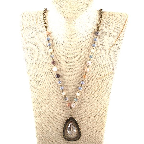 

fashion jewelry natural stone & glass crystal long chain metal drop pendant necklaces for women ethnic necklace dropship, Silver