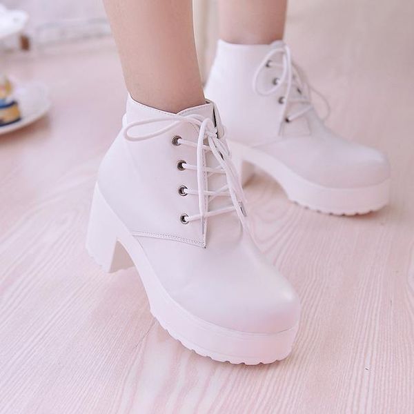 

gdgydh wholesale autumn ankle boots for women motorcycle boots chunky heels casual lacing round toe platform shoes female, Black