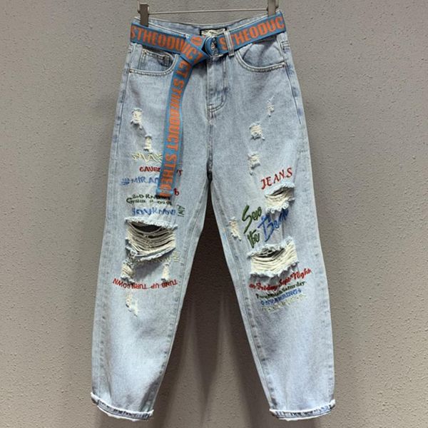 

plus size 26-312019 summer new fashion hole embroidered letters jeans women loose ankle length harem pants, Blue