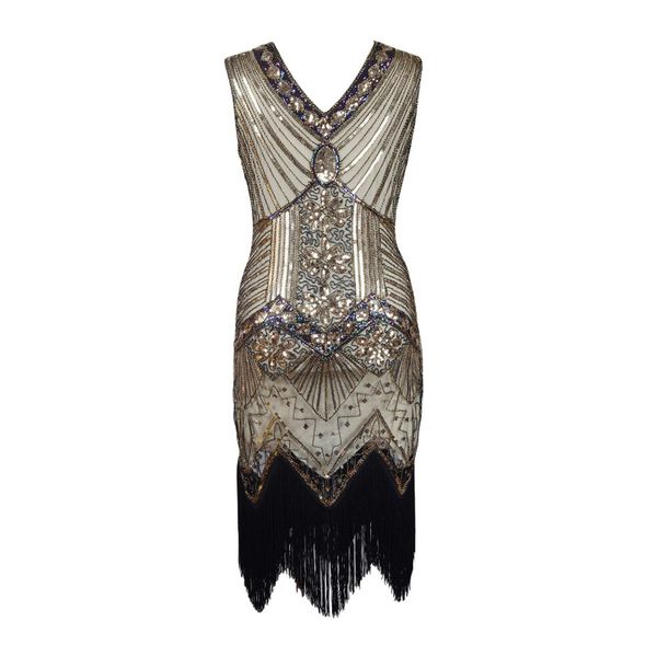 Abiti da festa vintage da donna Abito Gatsby con paillettes Abito con scollo a V Nappe Vestito aderente con perline Abiti con flapper Art Deco Double