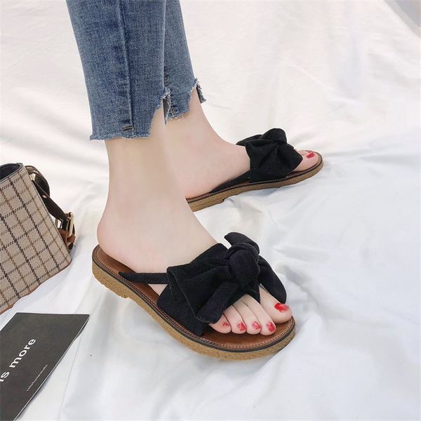 

fashion women summer slippers candy color butterfly-knot flock solid flip flops slippers casual flat shoes beach slides xwt1165 t05, Black