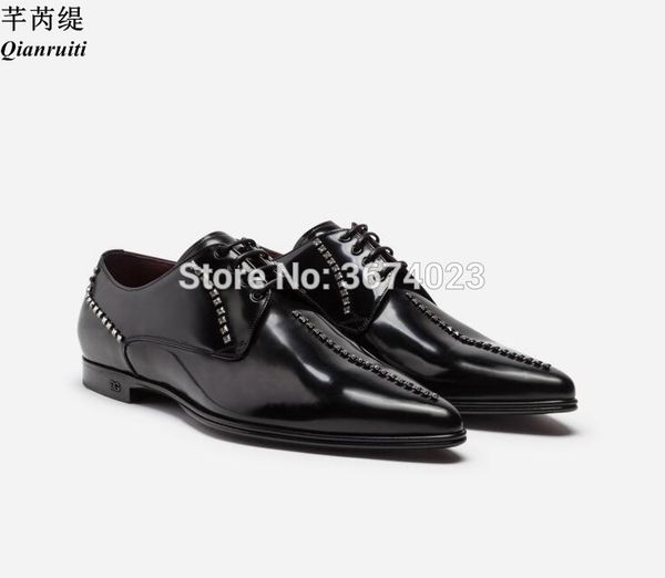 

qianruiti party wedding shoes men flats derby shoes black patent leather loafers rivets studs dress men