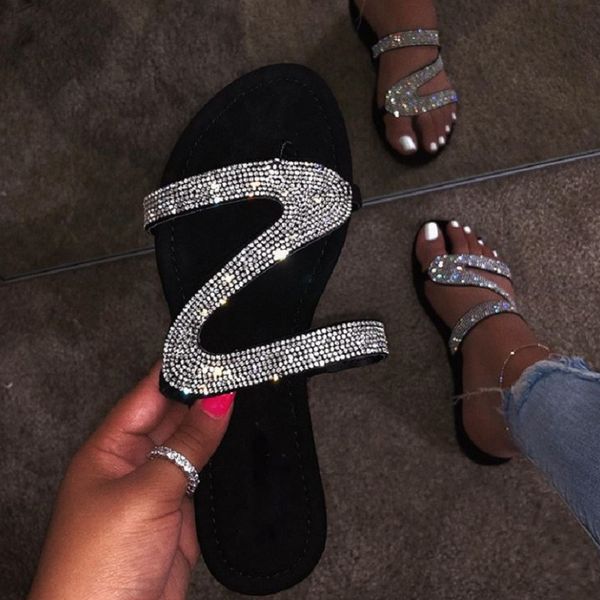 

summer women flat shoes rhinestone slippers open toe roman beach sandals ladies flip flops black slides big size zapatos