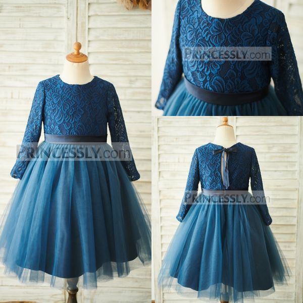 

ball gown flower girl dress jewel neck long sleeve applique wedding dress knee length girl' birthday part, White;blue
