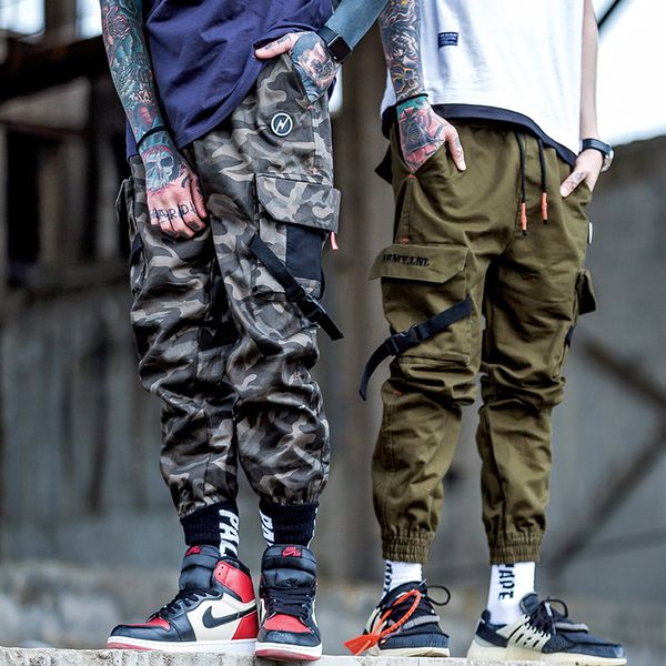 

men ribbons color block camouflage pocket cargo pants 2019 harem joggers harajuku sweatpant hip hop trousers, Black