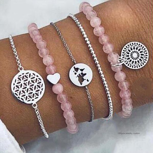 

5 Pcs/set Women Fashion Retro Peach Heart Map Pink Round Beads Hollow Geometric Silver Chain Bracelet Set Exquisite Jewelry