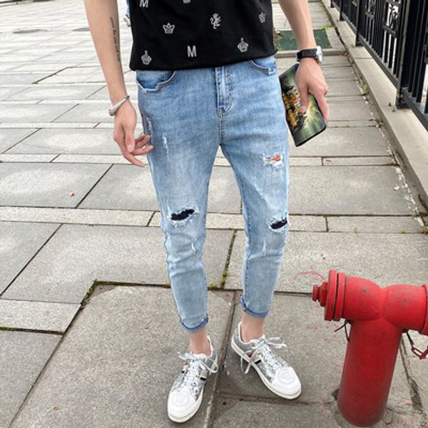 

korean version of men's hole beggar jeans spring and summer thin patch pencil pants small feet nine points pants slimming trend, Blue