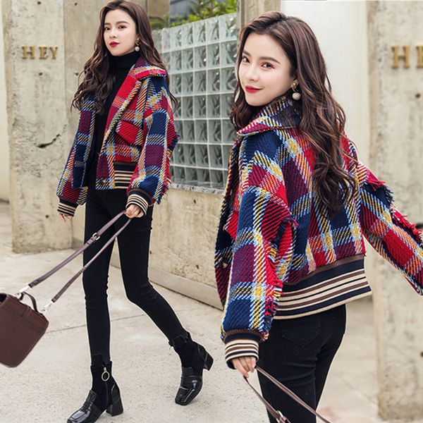 

women's winter retro plaid bf short woolen coat elegant plaid wool blend coat overcoat female patchwork covered warm woolen, Black