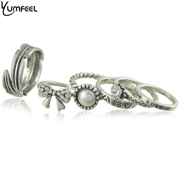 

yumfeel brand new vintage tibetan silver jewelry imitation pearl leaf feather rings boho style 6pcs/set ring sets, Golden;silver