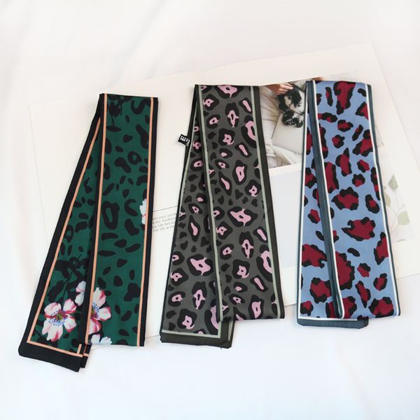 

women leopard printed multi function cotton thin narrow long silk hair neckerchief skinny small scarf