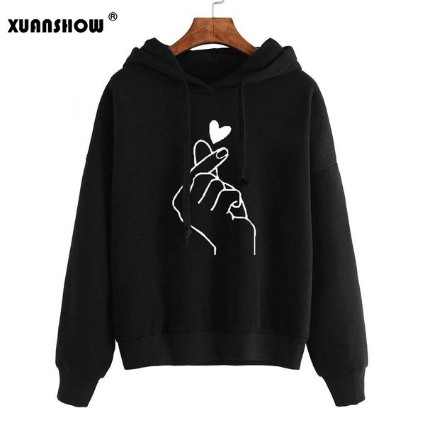 

women hoodies casual printed finger heart long sleeve hoody sweatshirts cute lover pullover hoodies, Black