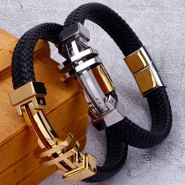 

11mm braided genuine leather bracelet men gold stainless steel mens charm bracelets 2020 handmade male jewelry wrist band men, Golden;silver