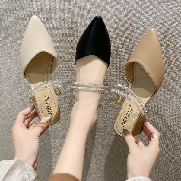 

pointed toe female shoes womens slippers outdoor mules slides fashion med 2020 luxury cover hoof heels autumn pu cover toe, Black