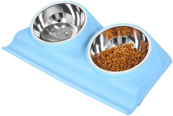 

upsky double dog cat bowls stainless steel raised pet bowls, with anti slip resin station, pet feeder bowls for cats and small dogs