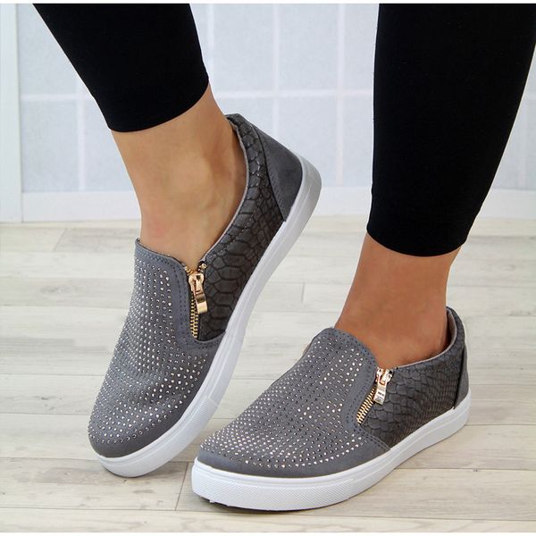

women flats shoes crystal slip on loafers zipper sneakers female embossed leather ladies casual shoes female zapatos mujer, Black