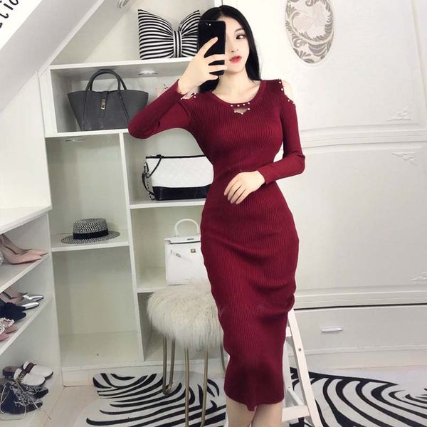 

2017 new style v-neck off-shoulder versatile evening gown slim fit knit sheath dress 1625b453, Black;gray