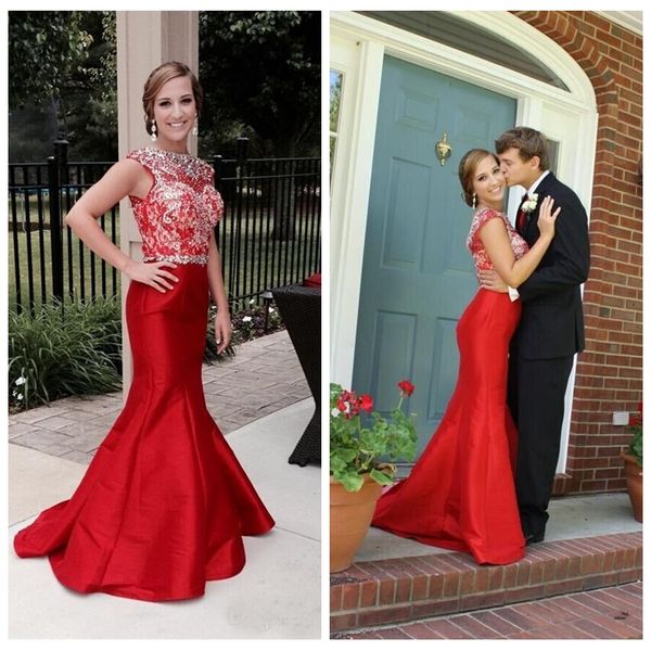 

2019 jewel cap short sleeves red slim lace appliques mermaid prom dresses bling bling crystal beaded women evening party gowns custom, Black