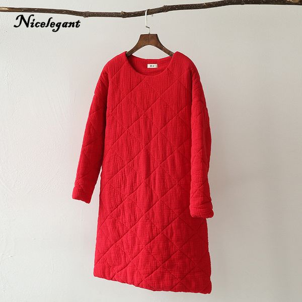 

new 2019 spring autumn cotton linen women clothing art diamond thich parkas long sleeve o-neck, Black