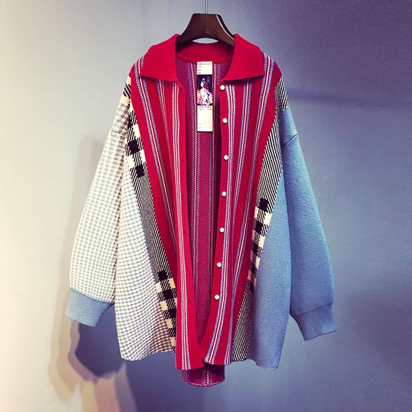 

ewq]2019 autumn winter new full seelve turn-down collar striped stitching sweater korea style plus size knitted coats19n-a24, White