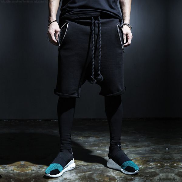 

casual pant male loose hanging crotch male capris breeched street skateboard pants zippered pants pantalon hombre hip hop 2020, Black