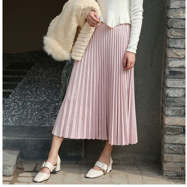 

2019 women elegant high waist summer midi skirt saias women suede skirts long pleated skirts pink female vintage saia, Black