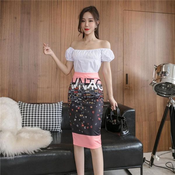 

women's skirt 2020 summer korean version of the slim split high waist slim printed european goods package hip skirt female, Black