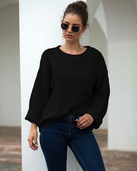 

autumn and winter 2019 beautiful women's sub popular large pocket sweater women's thick needle pullover loose knit, White;black