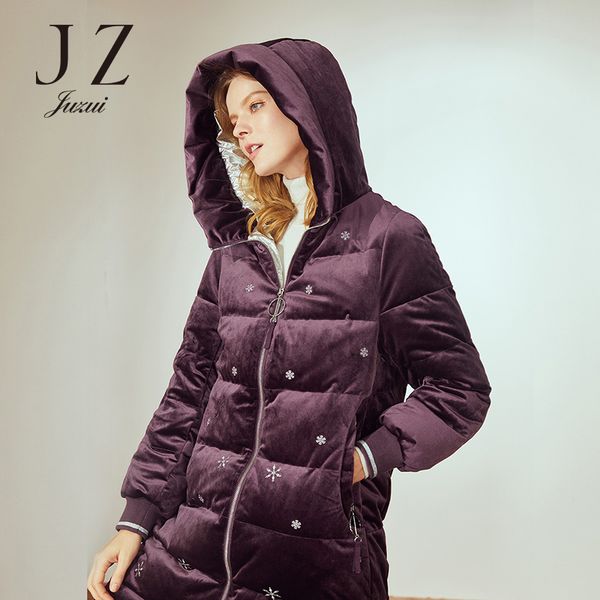 

2018 winter new embroidered velvet hooded long down jacket female juzui, Black