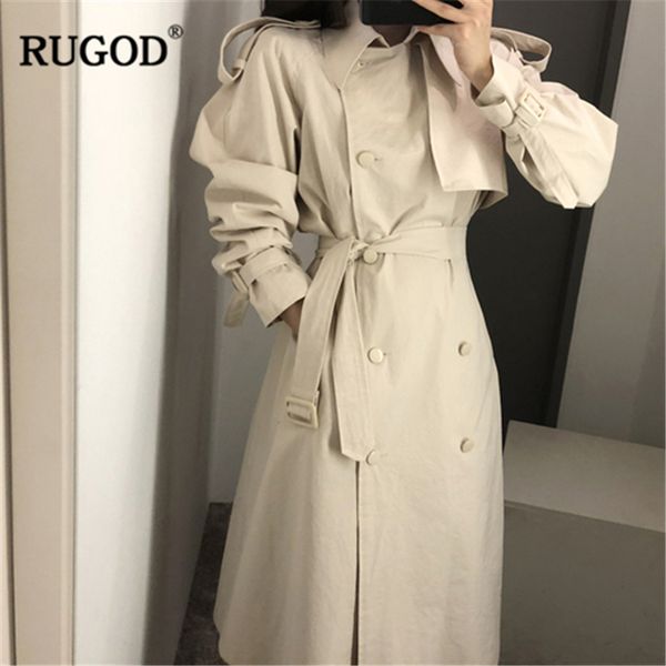 

rugod 2019 new women chic temperament trench double-breasted sash loose strap long coat british high street autumn winter coat, Tan;black
